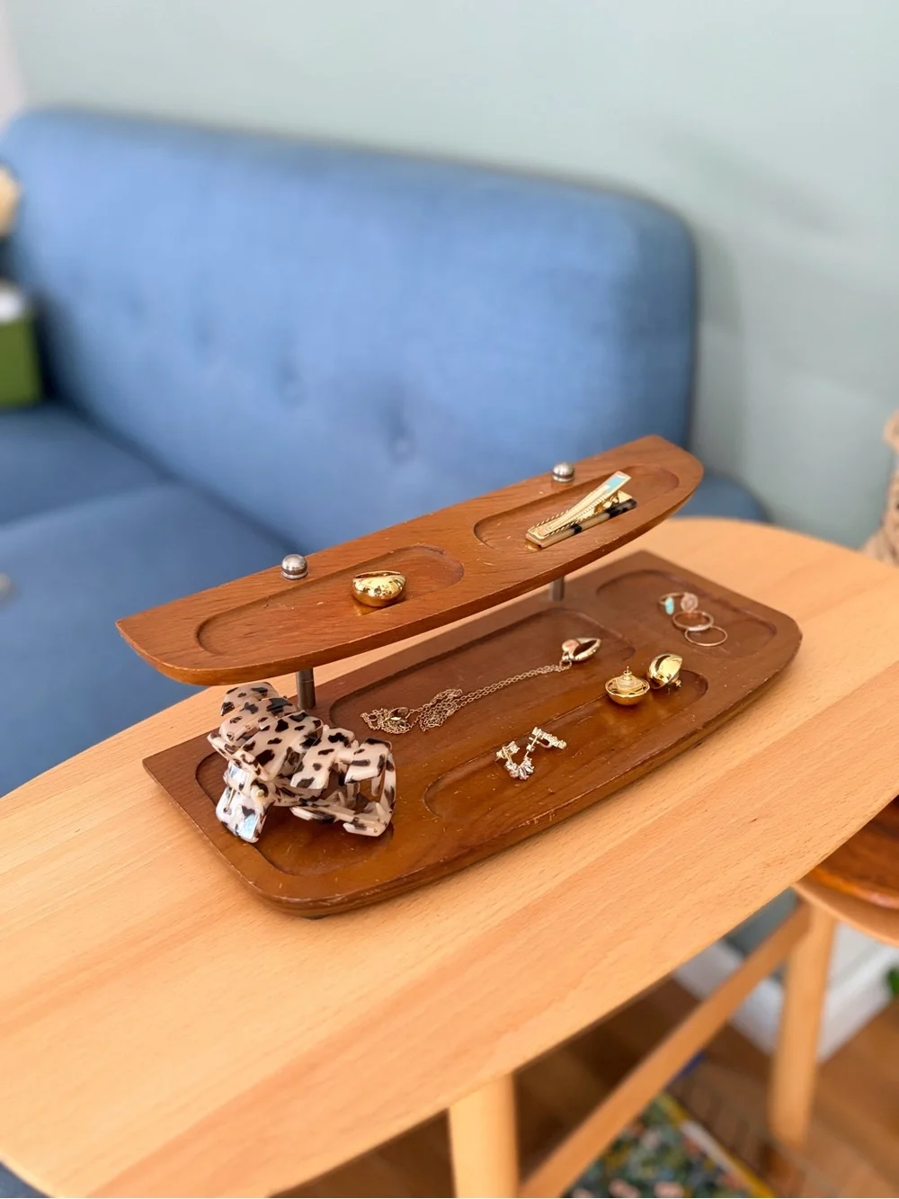 Vintage 1960s MCM Wood Valet Tray | Tiered Dresser Organizer | Dark Wood Catchal